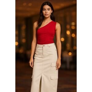 New Mother Cargo Maxi Skirt Beige White Size 24 Utility Pockets Streetwear